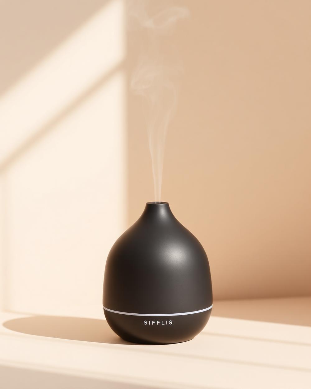 A matte ceramic automatic diffuser releasing a fine wisp of mist