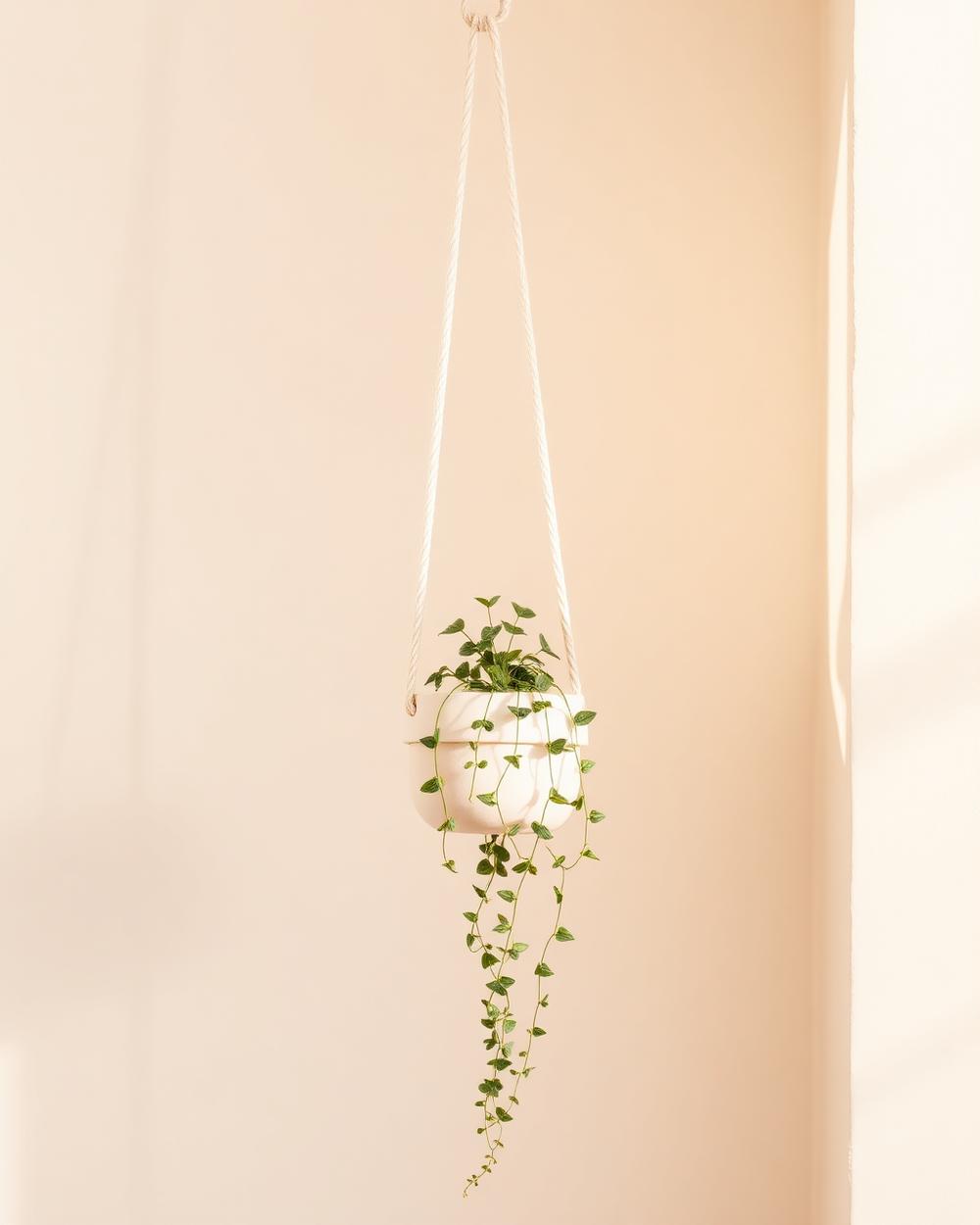 A hanging ceramic planter with a trailing green plant against a pale wall