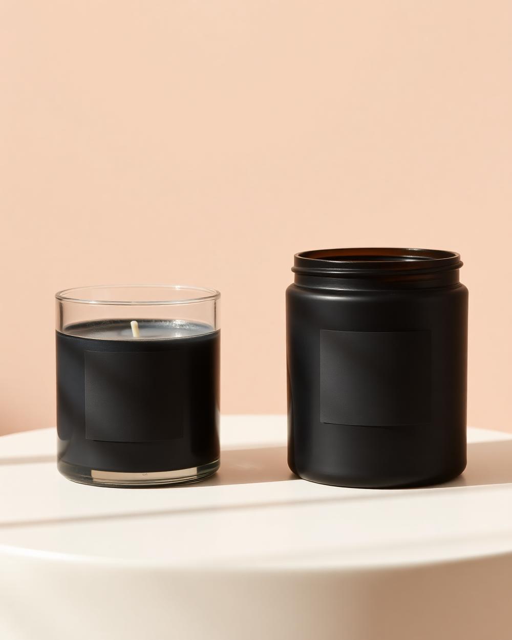 Two matte black chalkboard-finish soy candles on a pale surface